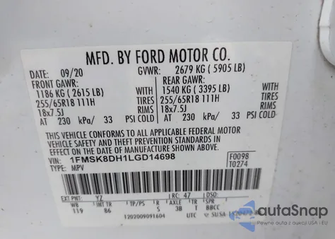 2020 Ford Explorer Xlt из США, поврежденный, VIN 1FMSK8DH1LGD14698